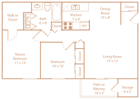 Floor plan for 2 beds, 1 bath, 880 sqft